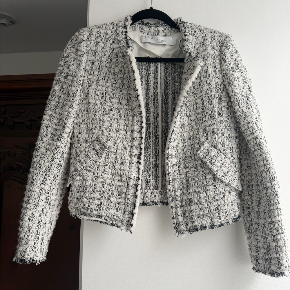 IRO Black and White Tweed Fringe Blazer